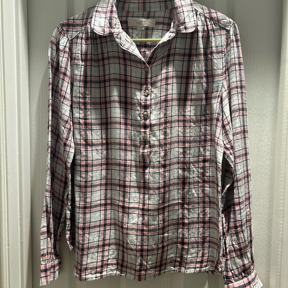 LOFT Plaid Button-Down Shirt in Pink and Gray